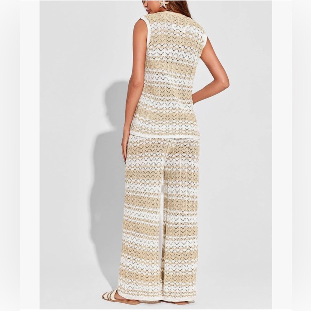 NWT BEIGE KNIT CROCHET 2PC SET COVERUP-S - Picture 12 of 17